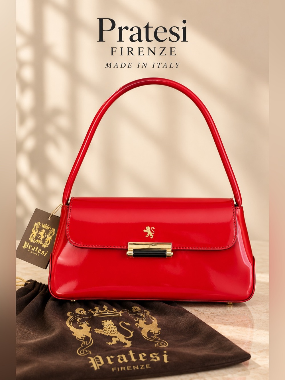 Pratesi Firenze R290 Red Patent Leather Shoulder Bag Made Italy